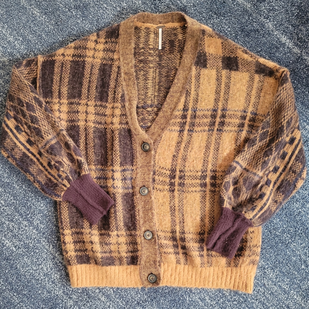 Plaid Cardigan Sweater - Brown and Purple